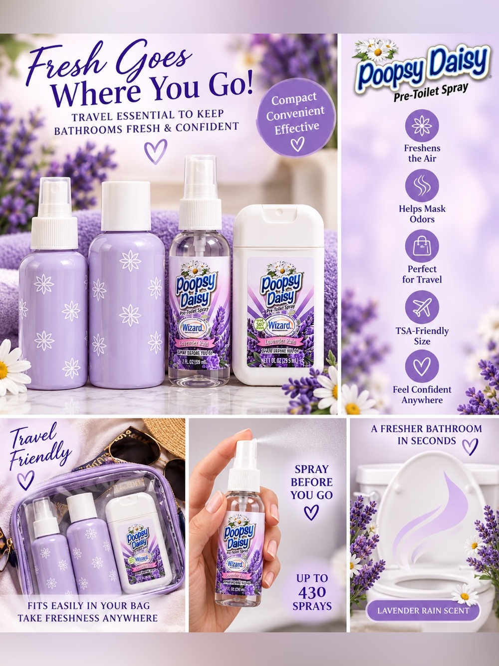 Wizard Lavender Rain Pre-Toilet Spray & travel prayer and bottle set New